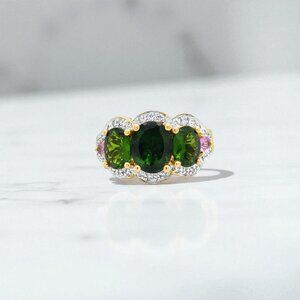 Chrome Diopside, Pink Sapphire, and Diamond Ring in 14kt Yellow Gold